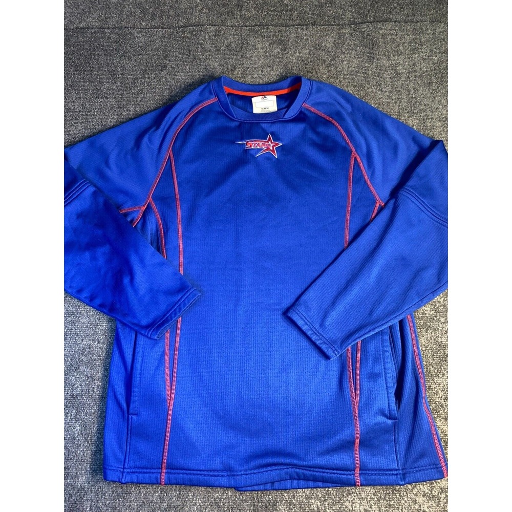 Stars Majestic Jersey Men Medium Blue Stretch Long Sleeve Crew Neck Pockets Logo